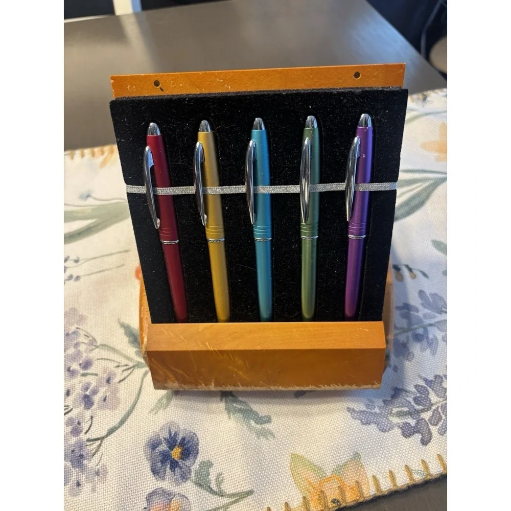 Wood Pen Display Case Holder With Five Ballpoint Pens Included.